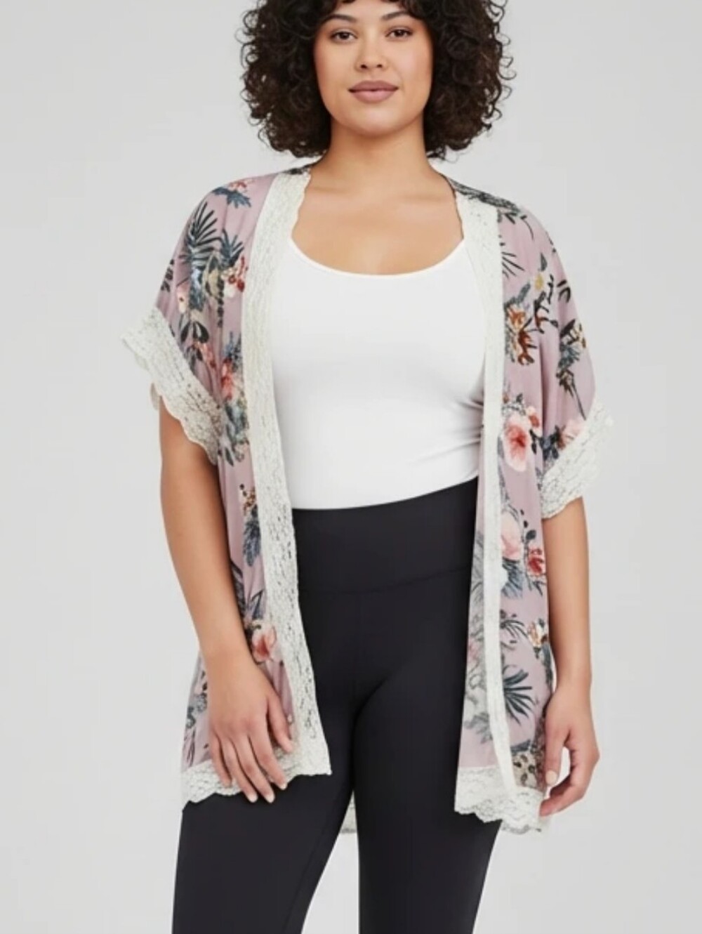 Indigo Rose Tropical Floral Crocheted‎ lace Trim kimono wrap plus 2x